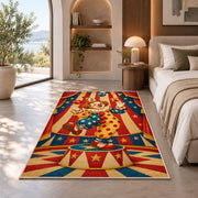Vintage Clown Rug in a bedroom with an arched window