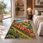Circus Train Rug in a bedroom with an arched window