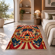 Vintage Circus Emblem Rug in a bedroom with an arched window