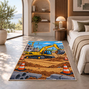 Yellow Excavator Rug in a bedroom with an arched window