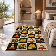 Retro Checkered Construction Rug in a bedroom with an arched window
