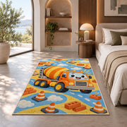 Cute Cement Mixer Rug in a bedroom with an arched window