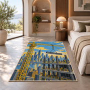 Tower Crane City Rug in a bedroom with an arched window