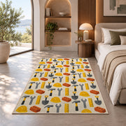 Construction Tools Pattern Rug in a bedroom with an arched window