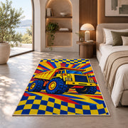 Pop Art Dump Truck Rug in a bedroom with an arched window