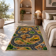 Construction Race Track Rug in a bedroom with an arched window