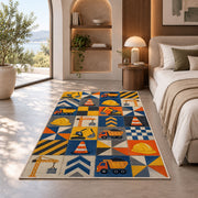 Construction Patchwork Rug in a bedroom with an arched window
