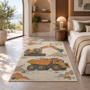 Minimalist Excavator Line Art Rug in a bedroom with an arched window