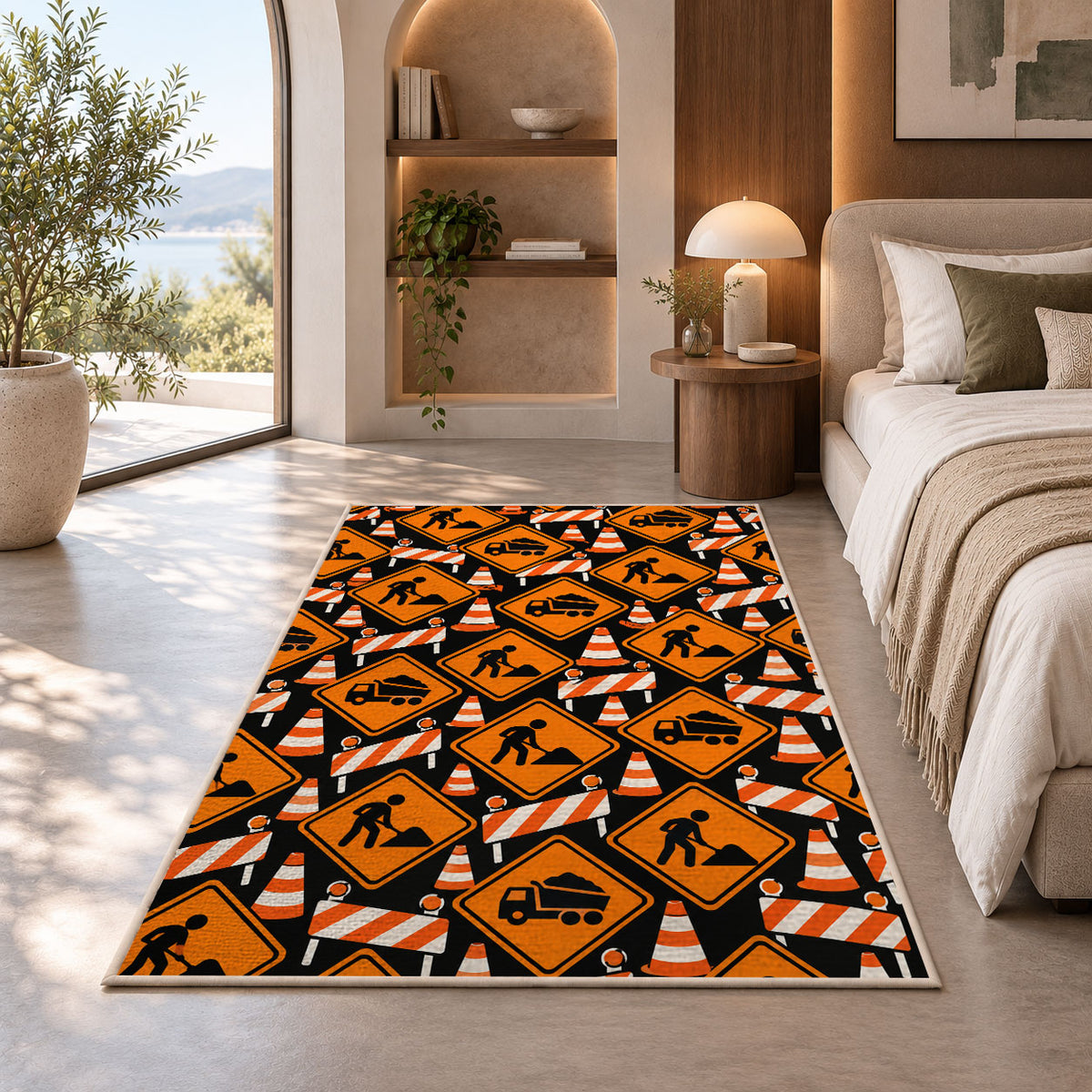 Construction Sign Pattern Rug in a bedroom with an arched window
