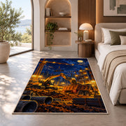 Construction Site at Night Rug in a bedroom with an arched window
