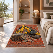 Excavator Brick Wall Rug in a bedroom with an arched window