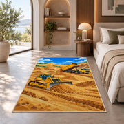 Bulldozer Dump Truck Rug in a bedroom with an arched window