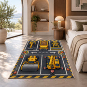 Construction Vehicle Parking Rug in a bedroom with an arched window