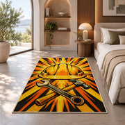 Hard Hat Sunburst Rug in a bedroom with an arched window