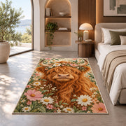 Highland Cow Flower Crown Rug in a bedroom with an arched window