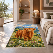 Highland Cow Mountain Meadow Rug in a bedroom with an arched window