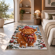 Highland Cow Winter Rug in a bedroom with an arched window