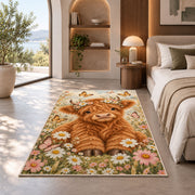 Baby Highland Cow Nursery Rug in a bedroom with an arched window