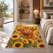 Highland Cow Sunflower Rug in a bedroom with an arched window