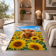Highland Cow Sunflower Field Rug in a bedroom with an arched window