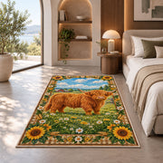 Highland Cow Farm Scene Rug in a bedroom with an arched window