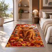 Highland Cow Autumn Rug in a bedroom with an arched window