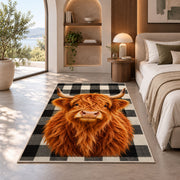 Highland Cow Buffalo Check Rug in a bedroom with an arched window