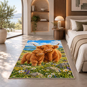 Highland Cow Mom and Calf Rug in a bedroom with an arched window