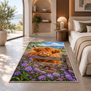 Highland Cow Fence Rug in a bedroom with an arched window