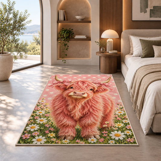 Pink Highland Cow Rug in a bedroom with an arched window