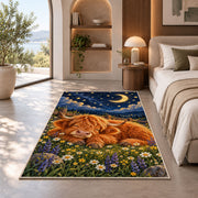 Sleeping Highland Cow Rug in a bedroom with an arched window
