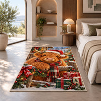Christmas Highland Cow Rug in a bedroom with an arched window