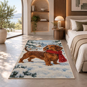 Dachshund Winter Rug in a bedroom with an arched window