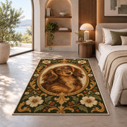 Vintage Dachshund Portrait Rug in a bedroom with an arched window