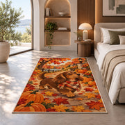 Autumn Dachshund Rug in a bedroom with an arched window