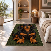 Black and Tan Dachshund Rug in a bedroom with an arched window