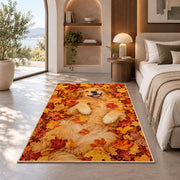 Golden Retriever in Autumn Leaves rug in a bedroom with an arched window