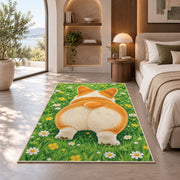 Corgi Butt Welcome rug in a bedroom with an arched window