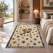 Puppy with Paw Prints and Bones rug in a bedroom with an arched window