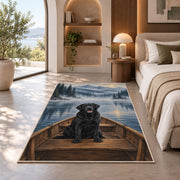 Black Lab in Rowboat rug in a bedroom with an arched window
