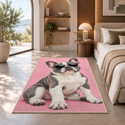 French Bulldog in Sunglasses rug in a bedroom with an arched window