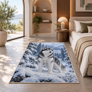 Blue-Eyed Husky in Snowy Forest rug in a bedroom with an arched window