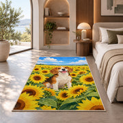 Beagle in Sunflower Field rug in a bedroom with an arched window