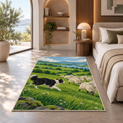 Border Collie Herding Sheep rug in a bedroom with an arched window