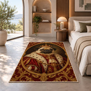 Royal Pug Portrait rug in a bedroom with an arched window