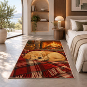 Lab Puppy by the Fireplace rug in a bedroom with an arched window