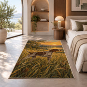 Pointer in Tall Grass at Sunrise rug in a bedroom with an arched window