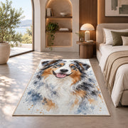 Watercolor Australian Shepherd rug in a bedroom with an arched window
