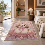 Shih Tzu on Velvet Pillow rug in a bedroom with an arched window