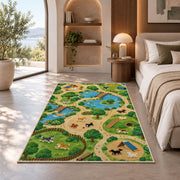 Dog Park Map rug in a bedroom with an arched window